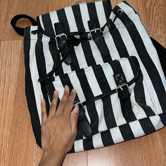 Striped Cloth Backpack With Faux Leather Detailing - Picture 11 of 11